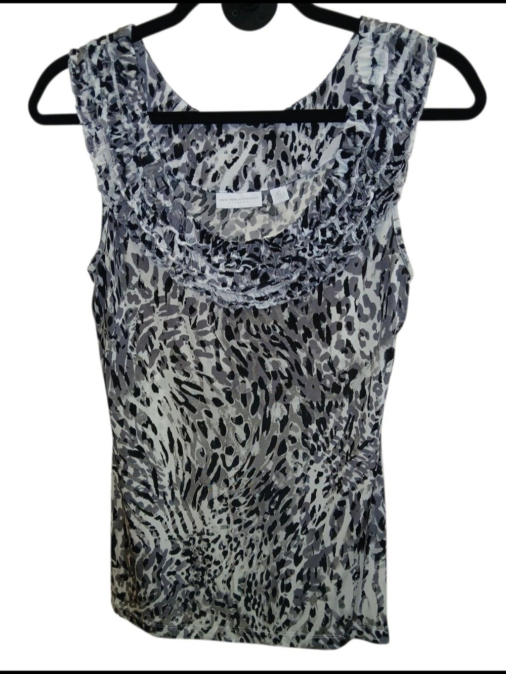 New York & Company Black and Gray Animal Print Ruffle-Neck Camisole #138